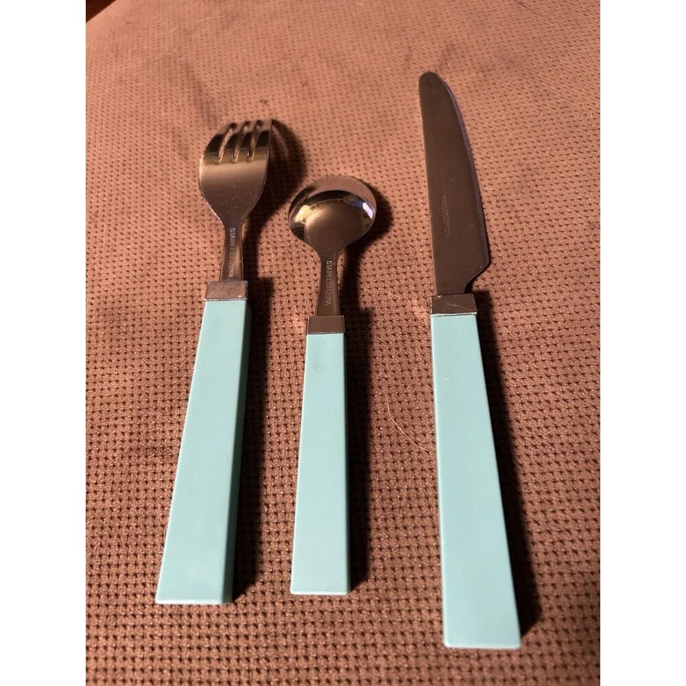 Vintage Aqua Blue Handle Stainless Steel Set 22 Retro Flatware Spoon Fork Knife